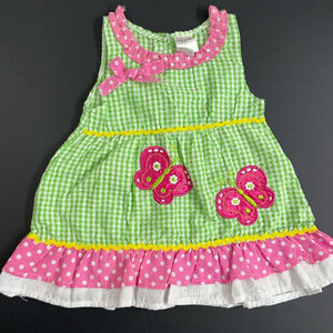 Retro Green yt Capra demon and Pink Gingham Dress with Butterfly Appliqué